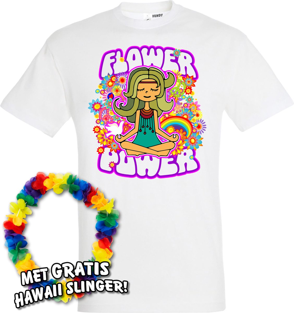 T-shirt Hippie Girl Meditation Flower Power | Toppers in Concert 2022 | Toppers Kleding Shirt | Happy Together | Hippie Jaren 60 | Wit | maat 4XL